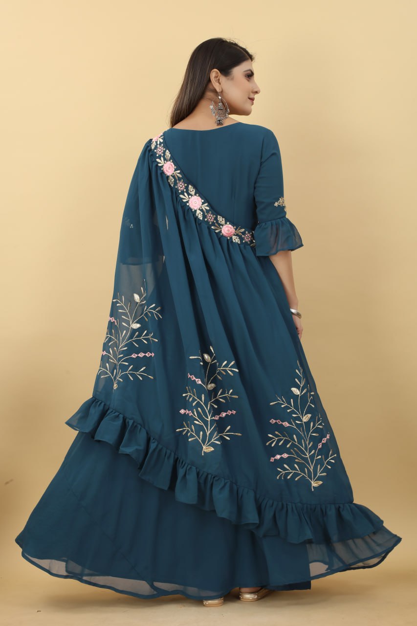 Gorgeous Blue Gown and Shrug Set for Weddings and Parties Clothsvilla