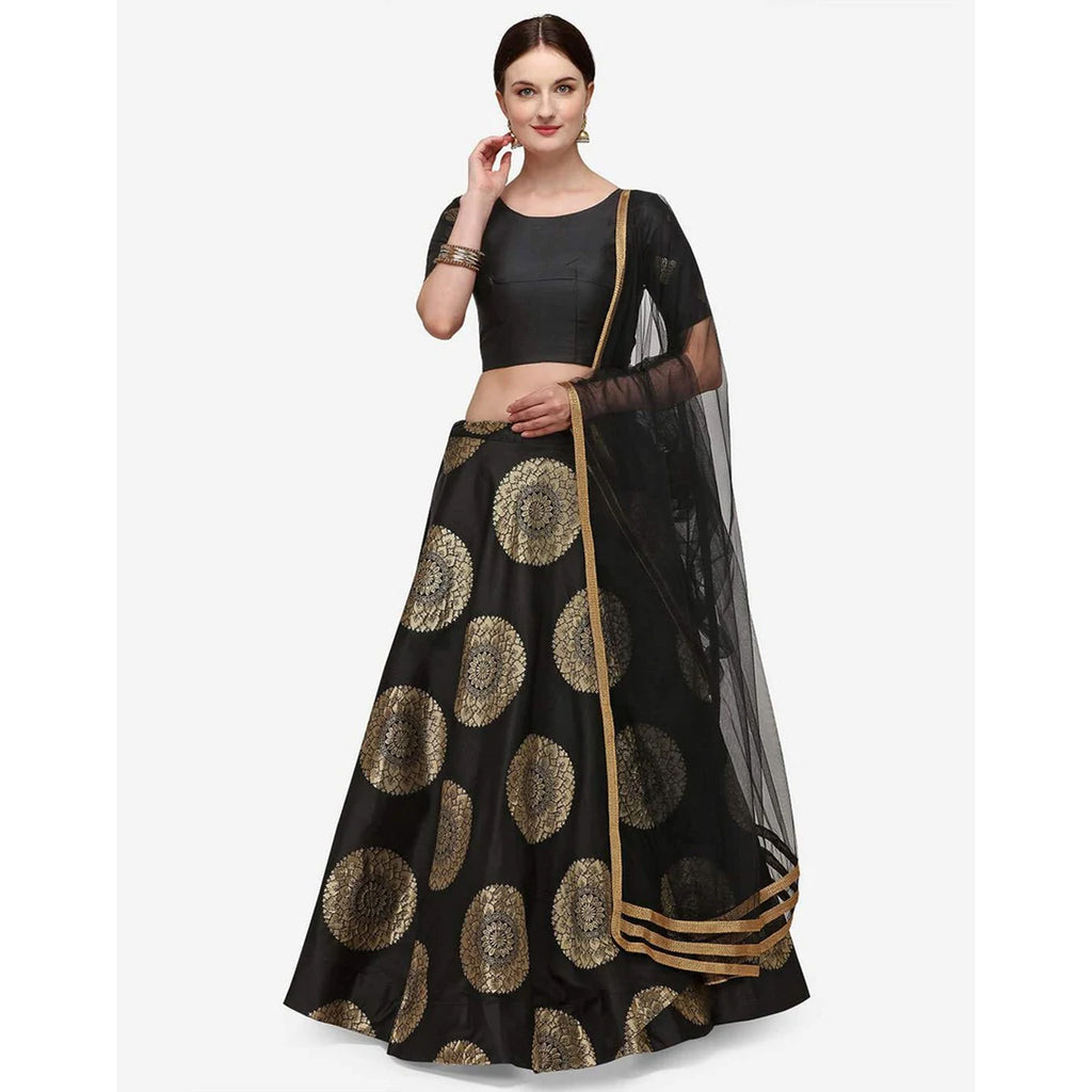 Black Banarasi Silk Lehenga with Net Dupatta ClothsVilla