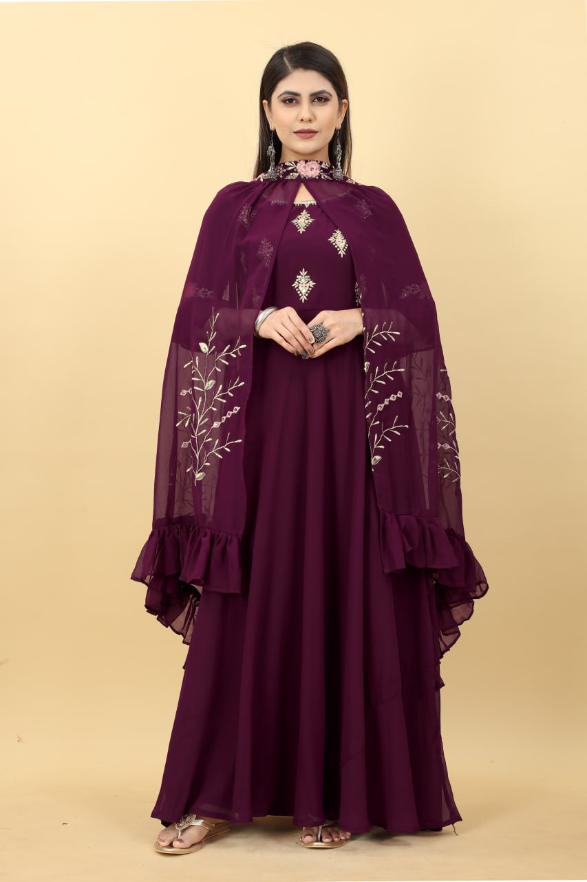 Wedding Attire: Long Wine Gown with Matching Shrug Clothsvilla