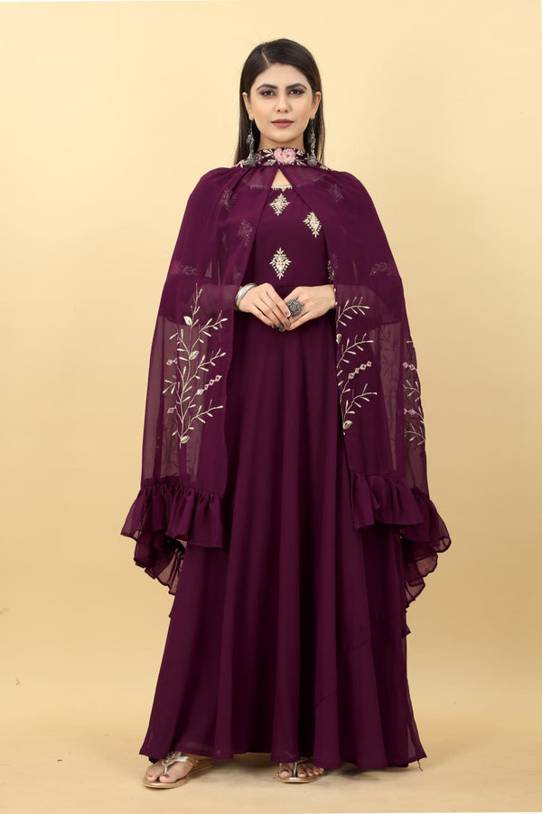 Wedding Attire: Long Wine Gown with Matching Shrug Clothsvilla