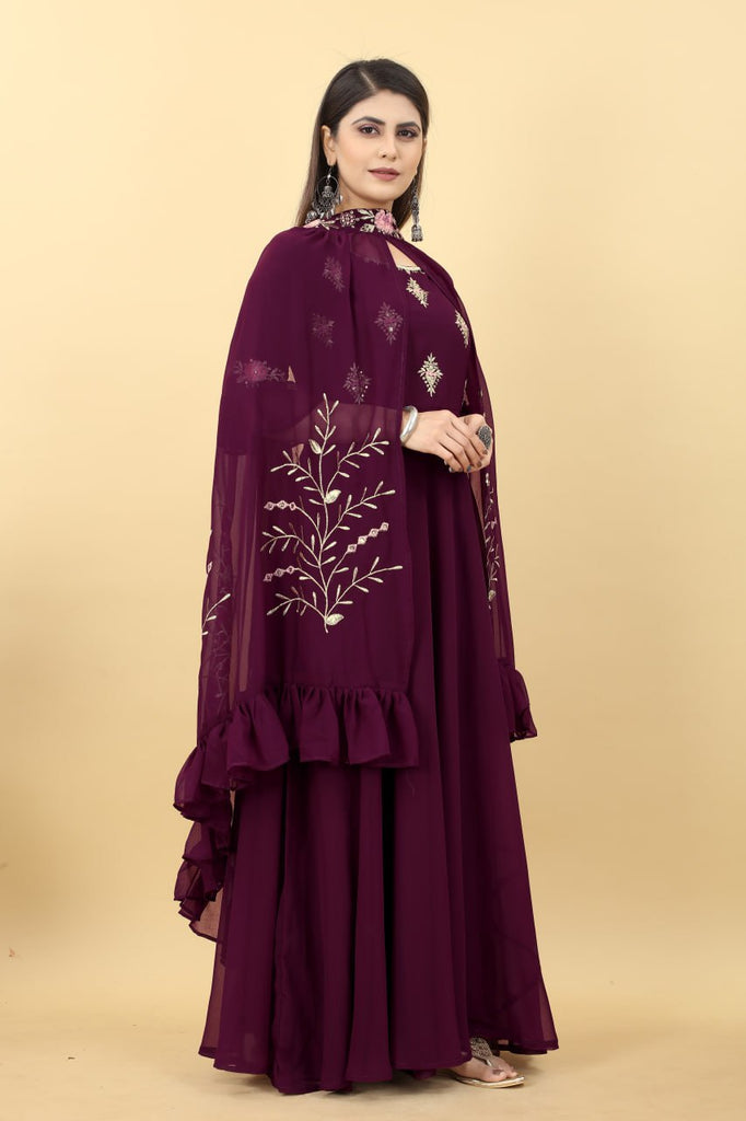 Wedding Attire: Long Wine Gown with Matching Shrug Clothsvilla