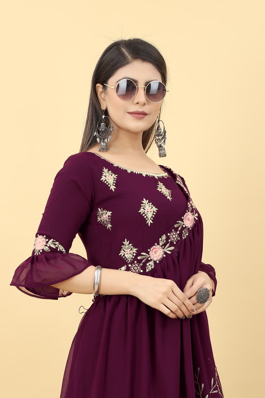 Wedding Attire: Long Wine Gown with Matching Shrug Clothsvilla