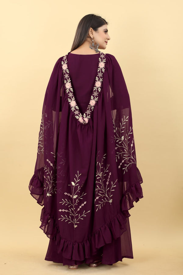 Wedding Attire: Long Wine Gown with Matching Shrug Clothsvilla