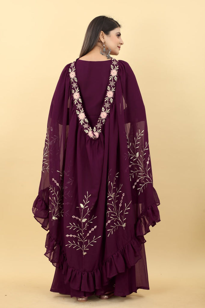 Wedding Attire: Long Wine Gown with Matching Shrug - Clothsvilla 38 Wedding Attire: Long Wine Gown with Matching Shrug - Clothsvilla 38