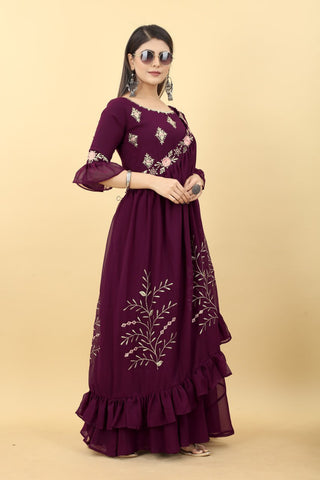 Wedding Attire: Long Wine Gown with Matching Shrug Clothsvilla