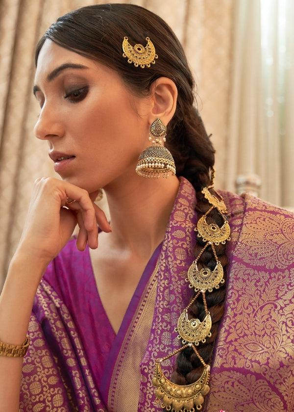 Irish Purple Zari Woven Kanjivaram Silk Saree with Tassels on Pallu Clothsvilla