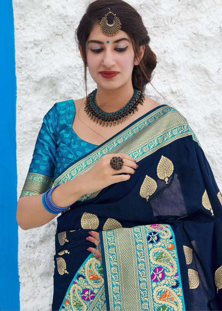 Indigo Blue Soft Banarasi Silk Saree with Zari Woven Butti overall Clothsvilla