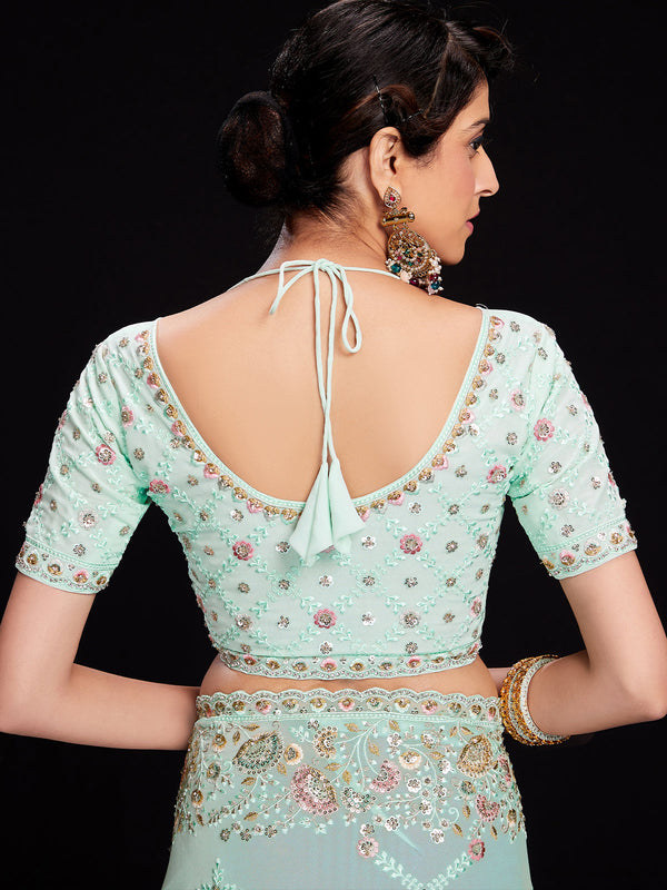 Blue Georgette Embroidered Saree With Unstitched Blouse Clothsvilla