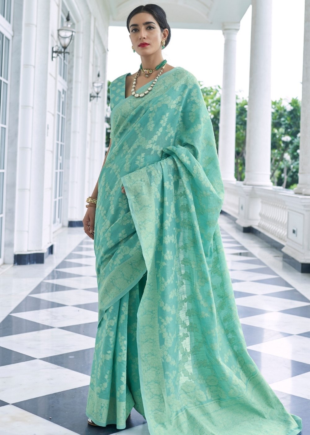 Caribbean Green Lucknowi Chikankari Weaving Silk Saree Clothsvilla