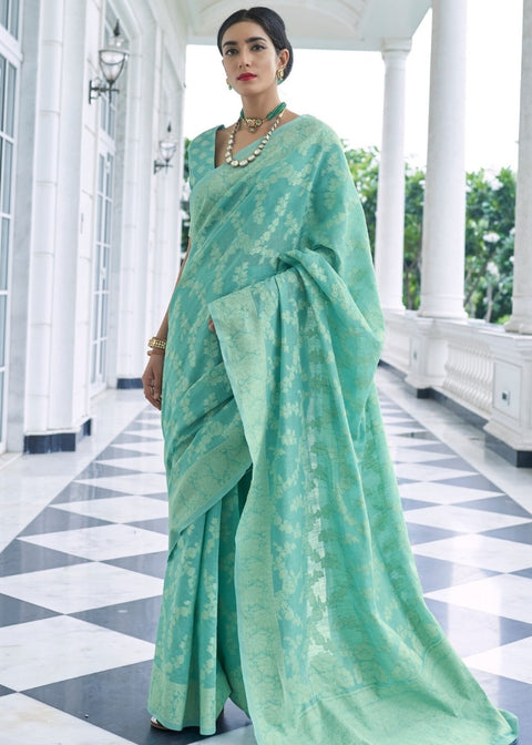 Caribbean Green Lucknowi Chikankari Weaving Silk Saree Clothsvilla Main image