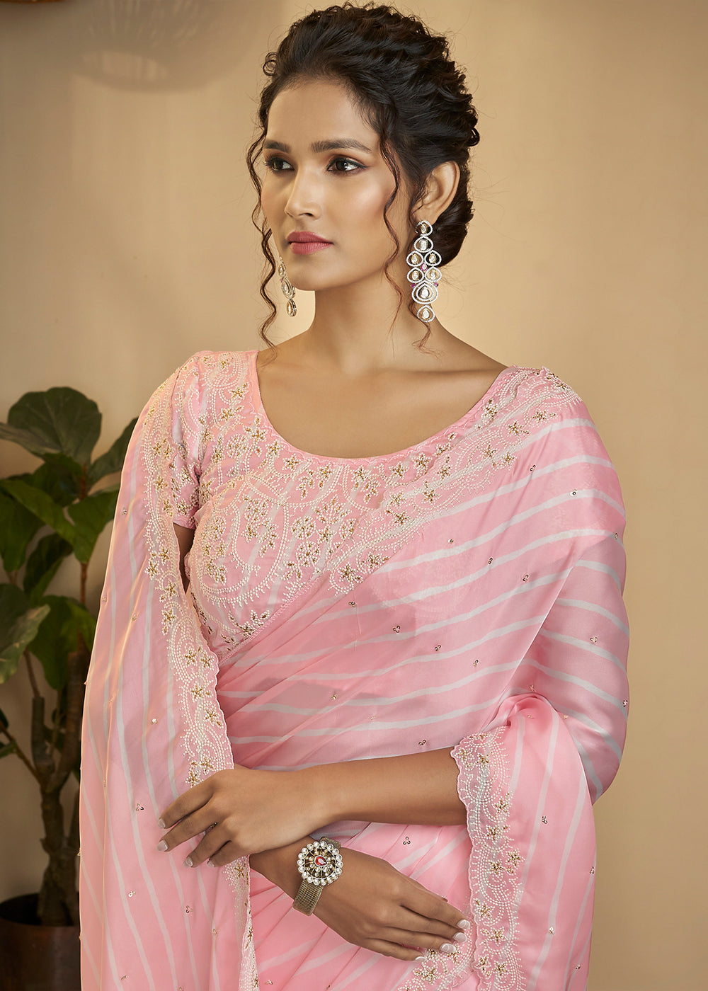 BABY PINK WOVEN SATIN SILK SAREE Clothsvilla