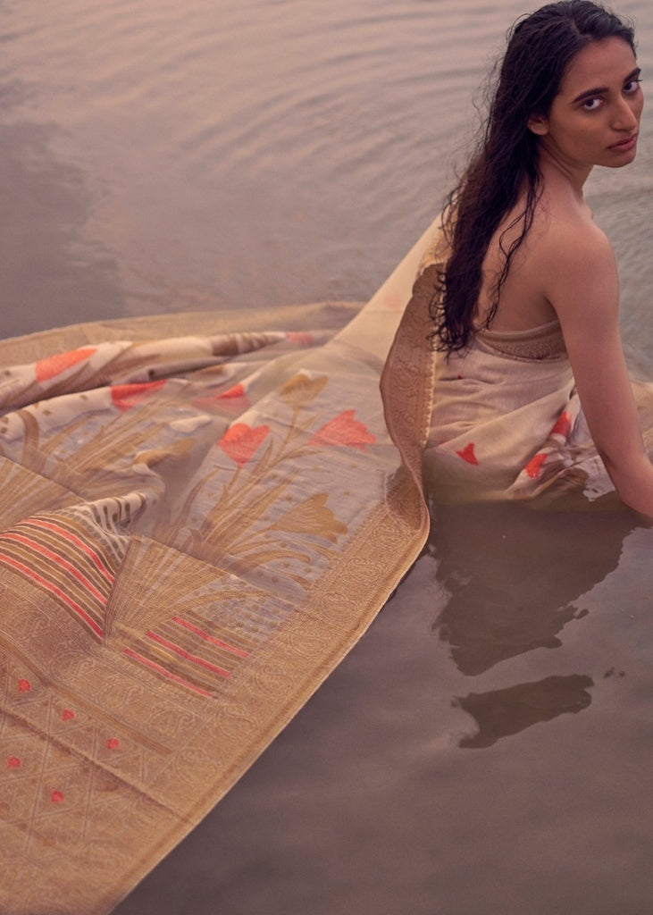 Beige Woven Linen Silk Saree with Floral Motif on Pallu and Border Clothsvilla