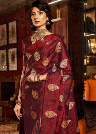 Wine Red Pure Satin Woven Silk Saree with overall Golden Buti Clothsvilla
