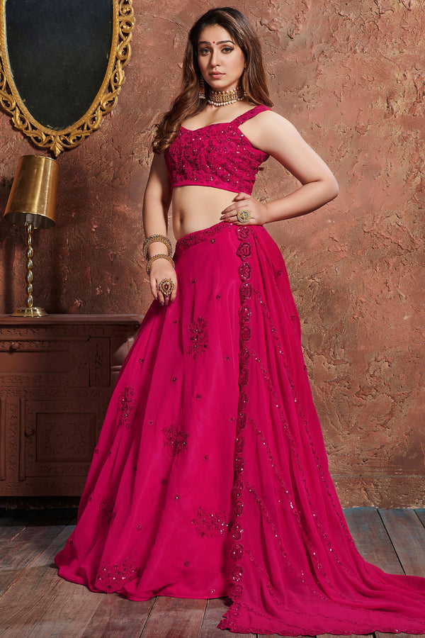 Alluring Pink Sequins Embroidered Georgette Wedding Lehenga Choli ClothsVilla