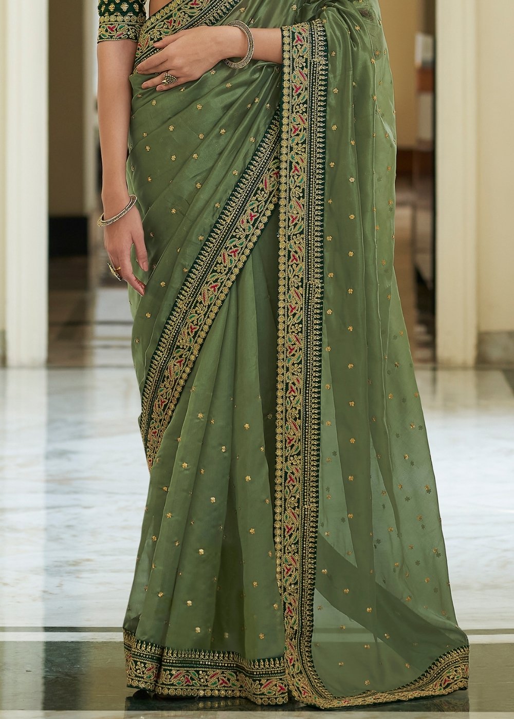 Olive Green Organza Saree with Dori, Sequins & Zari work : Top Pick Clothsvilla