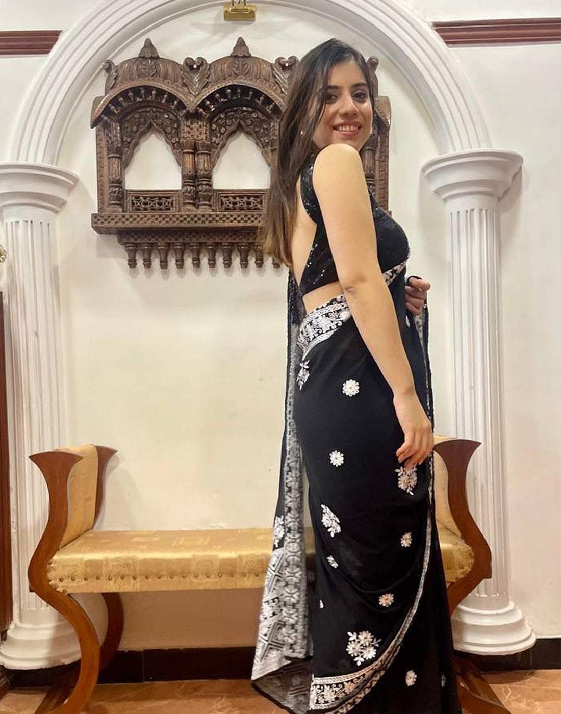 Black Georgette Saree with Beautiful Lucknowi Work and Silk Blouse for Wedding ClothsVilla
