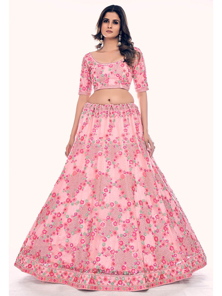 Peach Soft Net Embroidered Designer Lehenga Choli Clothsvilla