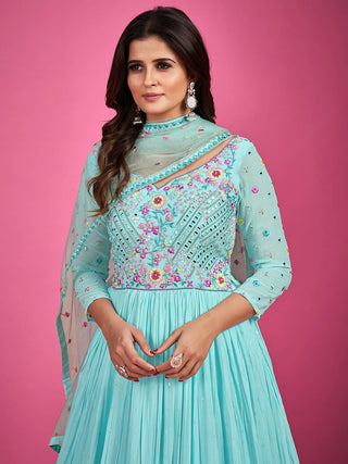 Blue Chinon Silk Embroidered Gown Clothsvilla