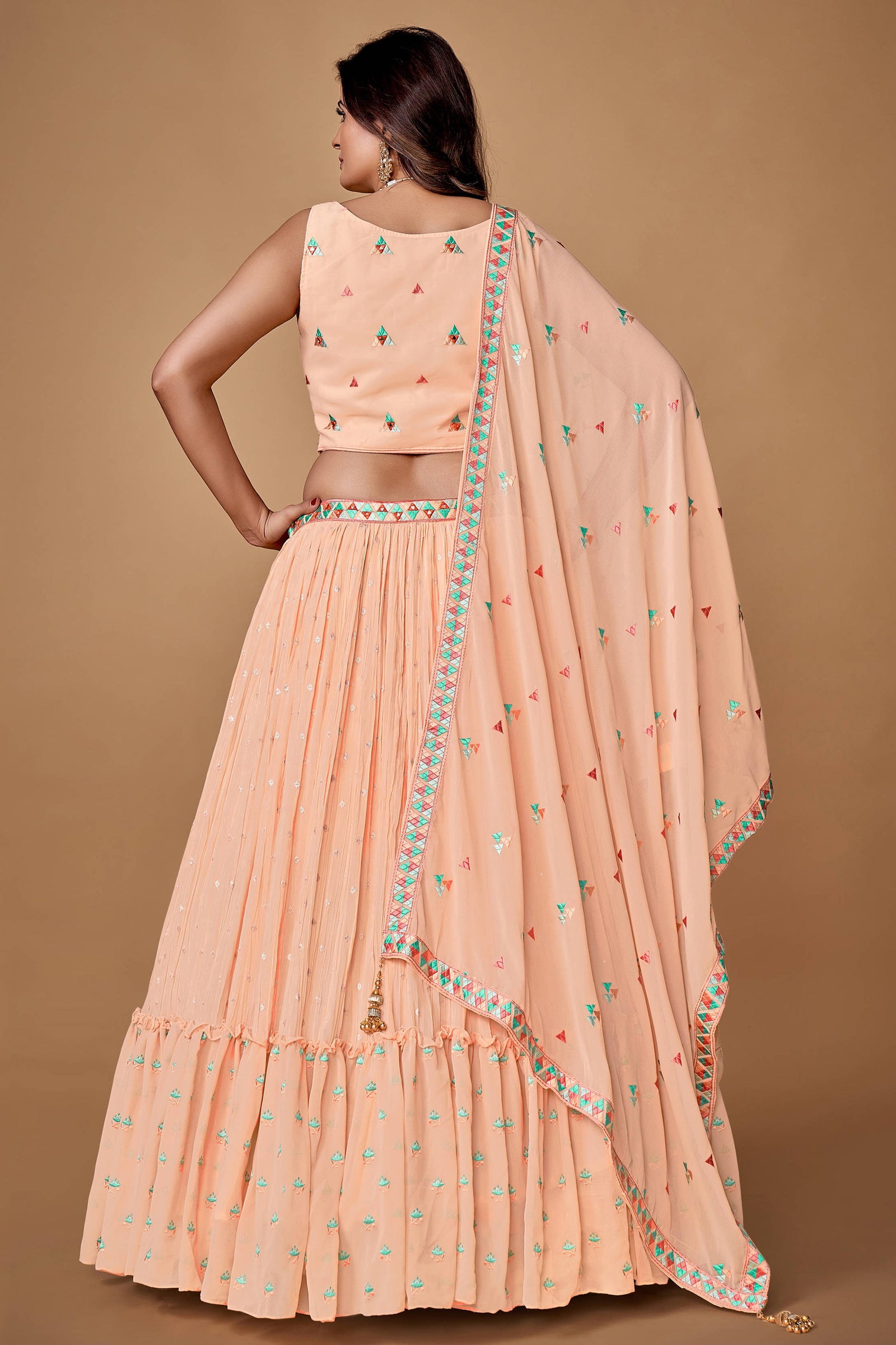 Peach Thread Work Georgette Reception Wear Lehenga Choli Clothsvilla