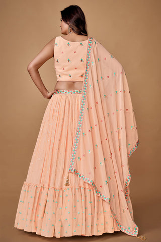 Peach Thread Work Georgette Reception Wear Lehenga Choli Clothsvilla
