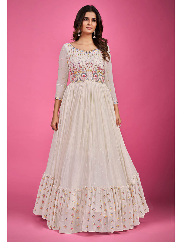 White Pure Georgette Embroidered Gown Clothsvilla