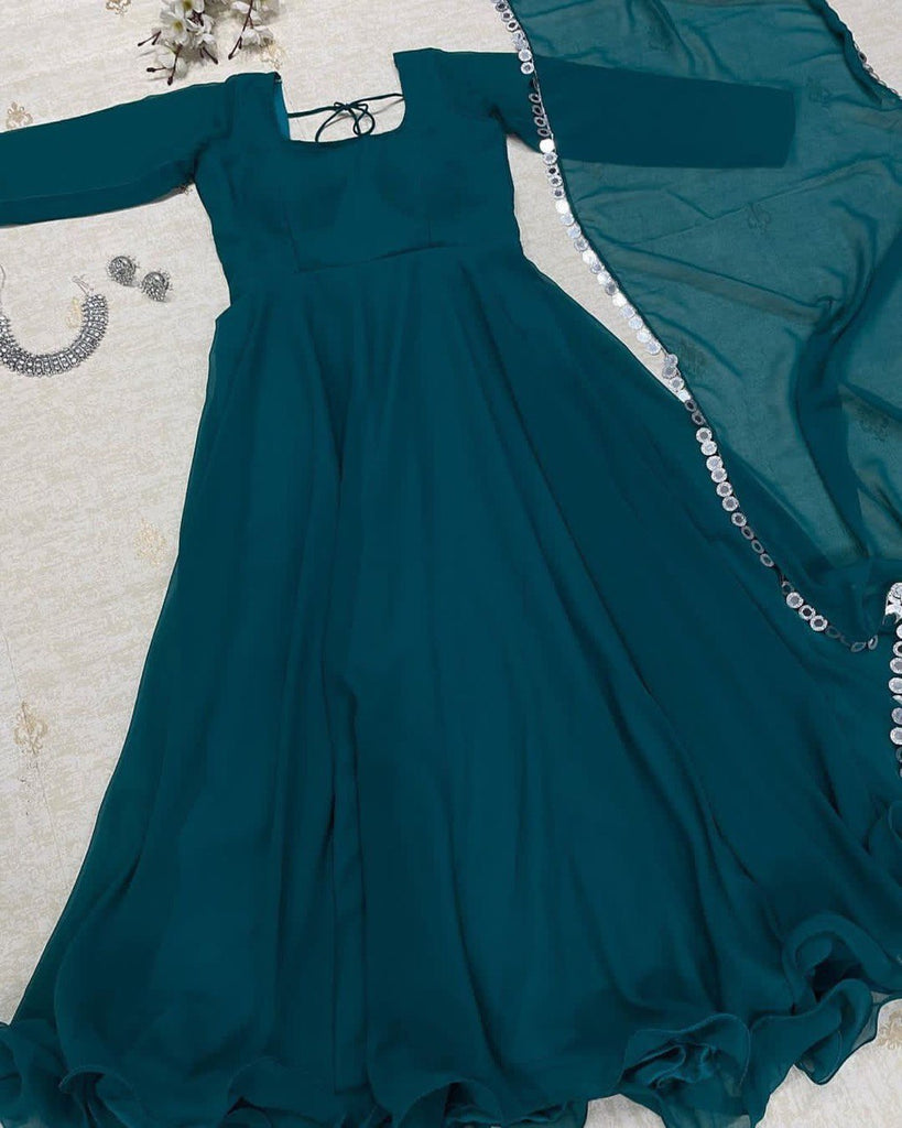 Good Looking Teal Green Color Gown With Dupatta