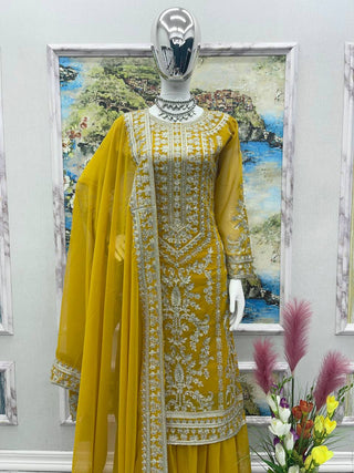 Glorious Yellow Color Embroidered Sharara Suit Clothsvilla