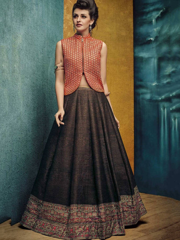Brown and Orange Color Designer Partywear Lehenga Choli ClothsVilla