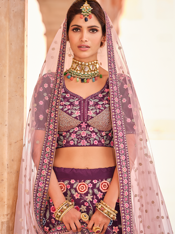 Purple Crepe Semi Stitched Lehenga With Unstitched Blouse Clothsvilla
