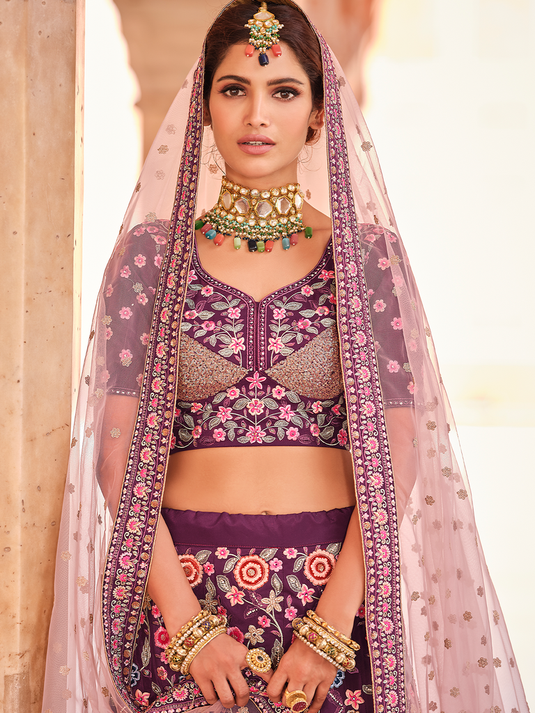 Purple Crepe Semi Stitched Lehenga With Unstitched Blouse Clothsvilla