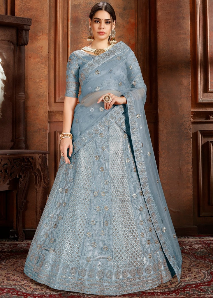 Pigeon Blue Soft Net Lehenga Choli with Thread,Zari, Zarkan & Pearl work Clothsvilla