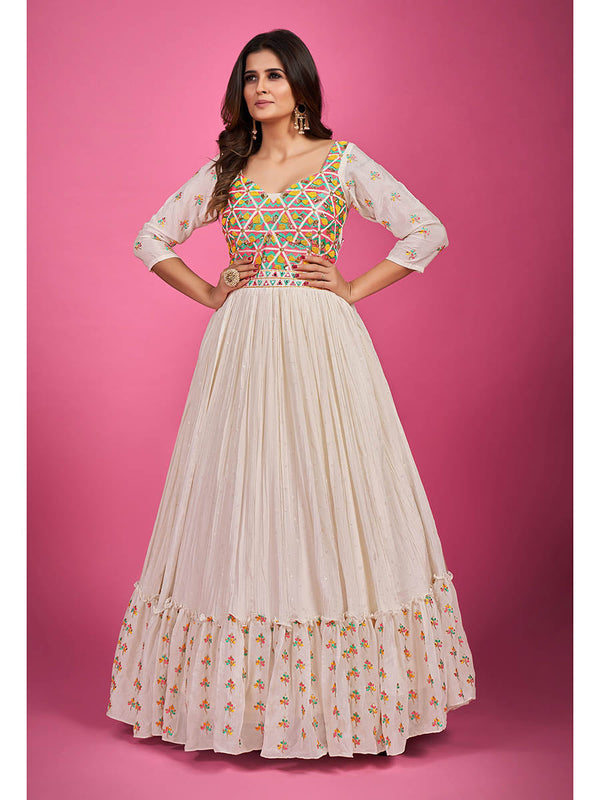 White Chinon Silk Embroidered Gown Clothsvilla