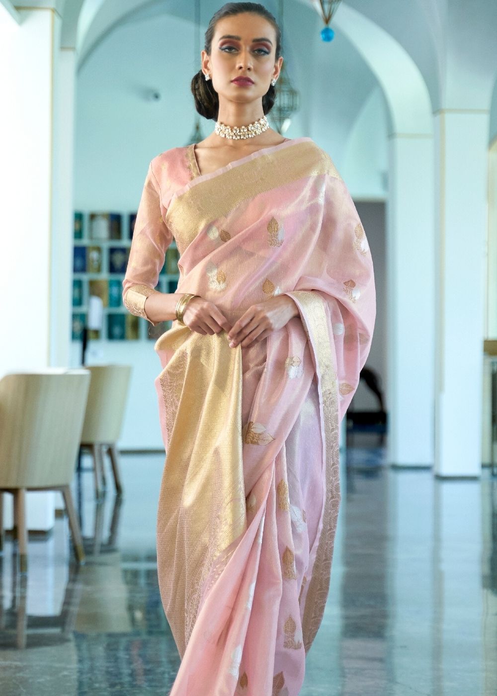 Lavender Pink Zari Woven Organza Silk Saree Clothsvilla