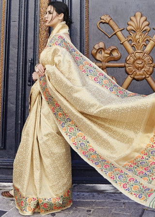 Cream and Golden Blend Silk Saree with Floral Woven Border and Pallu Clothsvilla