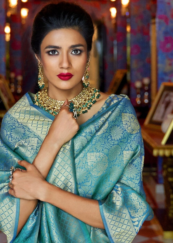 Sapphire Blue and Golden Blend Woven Kanjivaram Soft Silk Saree Clothsvilla