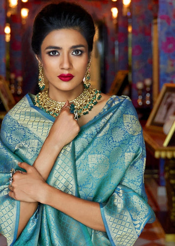 Sapphire Blue and Golden Blend Woven Kanjivaram Soft Silk Saree Clothsvilla