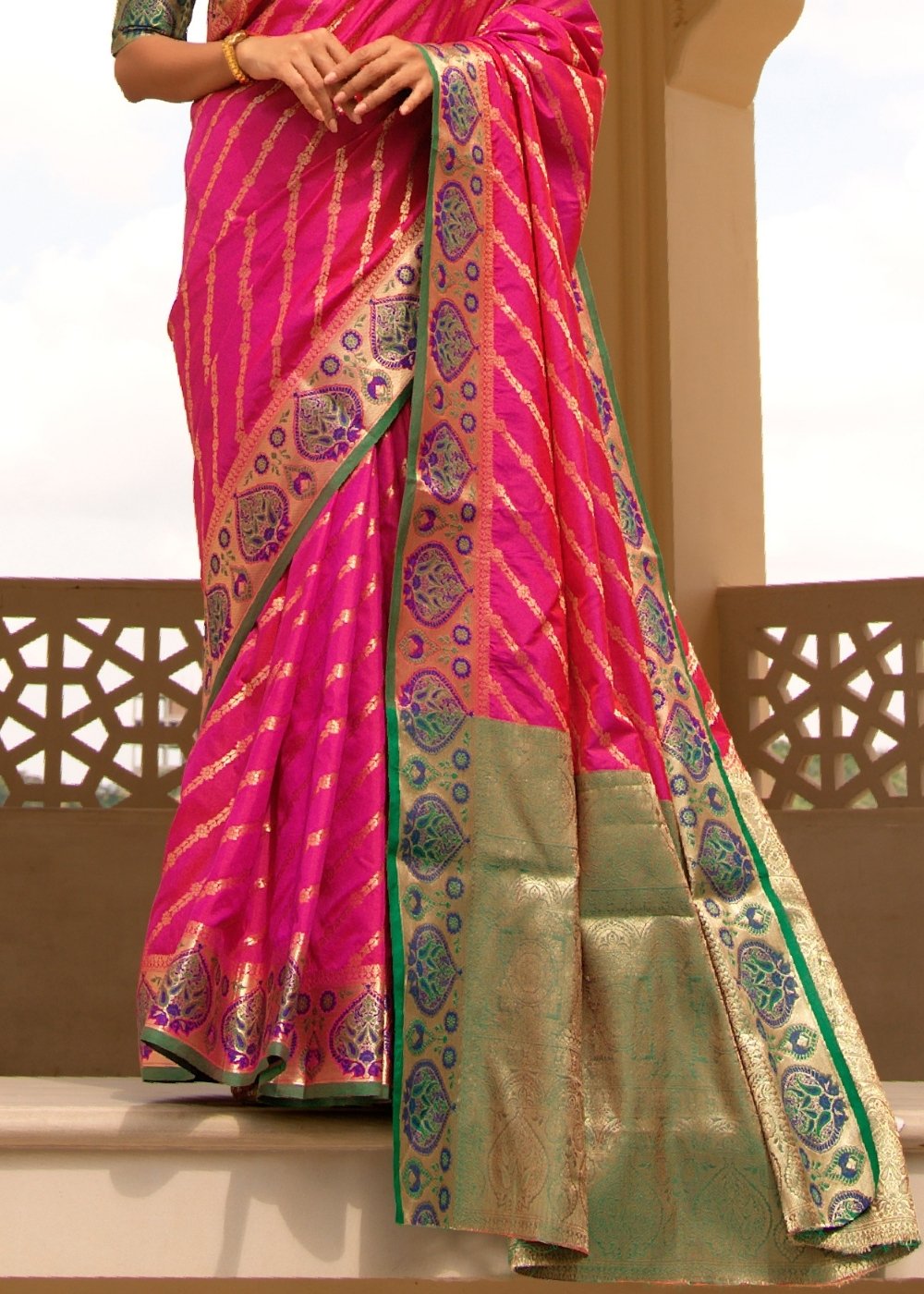 Hot Pink Woven Soft Banarasi Silk Saree with Contrast Pallu & Blouse Clothsvilla
