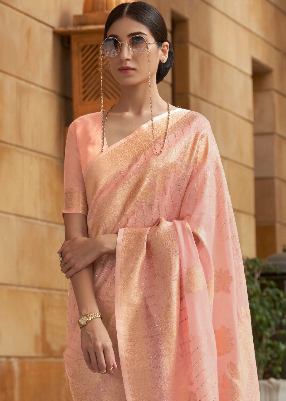 Flamingo Pink Zari Woven Silk Saree with Sequins work Secondary image