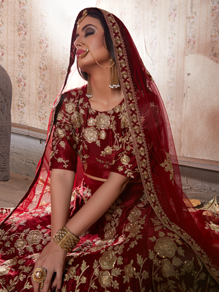 Maroon Embroidered Semi Stitched Lehenga With Unstitched Blouse Clothsvilla