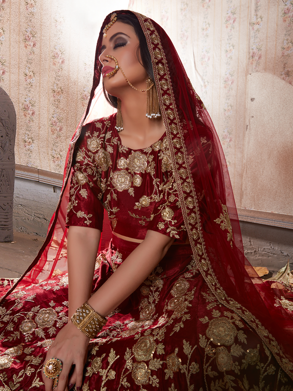 Maroon Embroidered Semi Stitched Lehenga With Unstitched Blouse Clothsvilla
