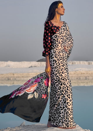 Black and White Leopard Print Crepe Silk Saree Clothsvilla