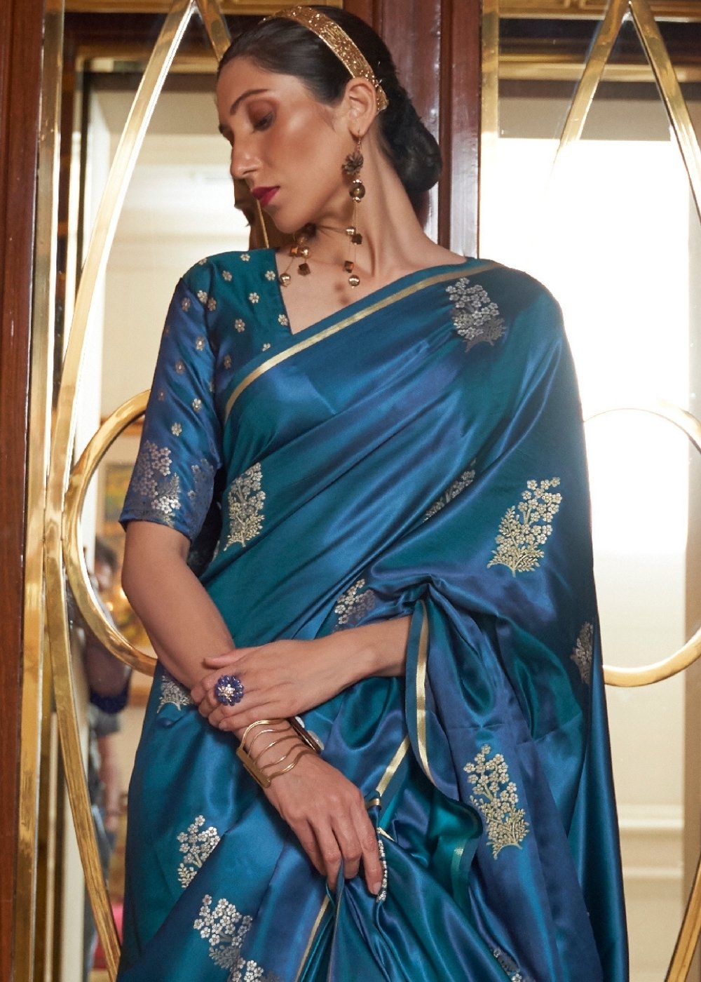 Regal Blue Designer Satin Silk Saree Secondary image