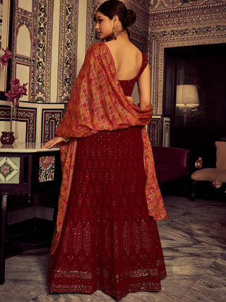 Stylish Maroon Embroidered Georgette Semi Stitched Lehenga With Blouse Piece Clothsvilla