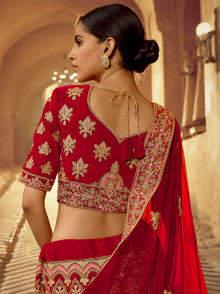 Red Velvet Semi Stitched Lehenga With Unstitched Blouse Clothsvilla