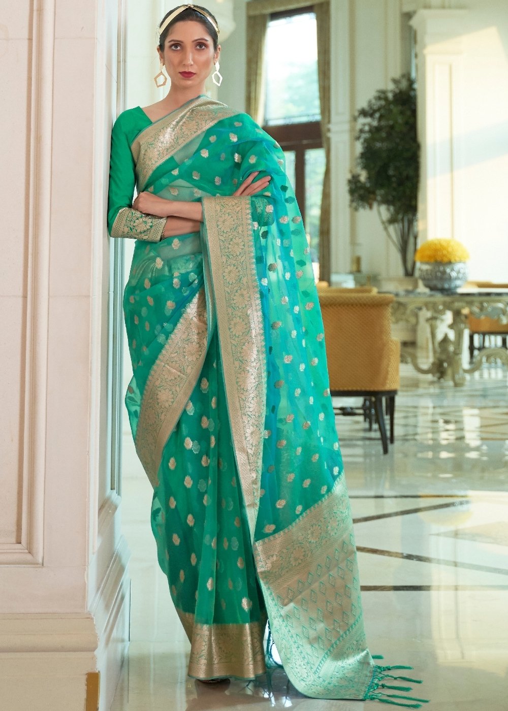 Jungle Green Zari Woven Organza Silk Saree Clothsvilla Main image