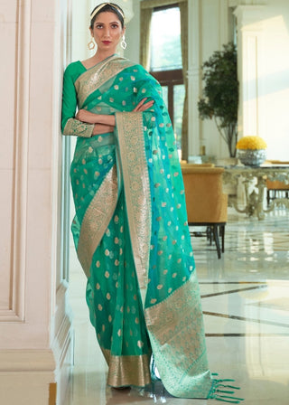 Jungle Green Zari Woven Organza Silk Saree Clothsvilla