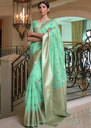 Mint Green Banarasi-Chanderi Fusion Woven Silk Saree Clothsvilla