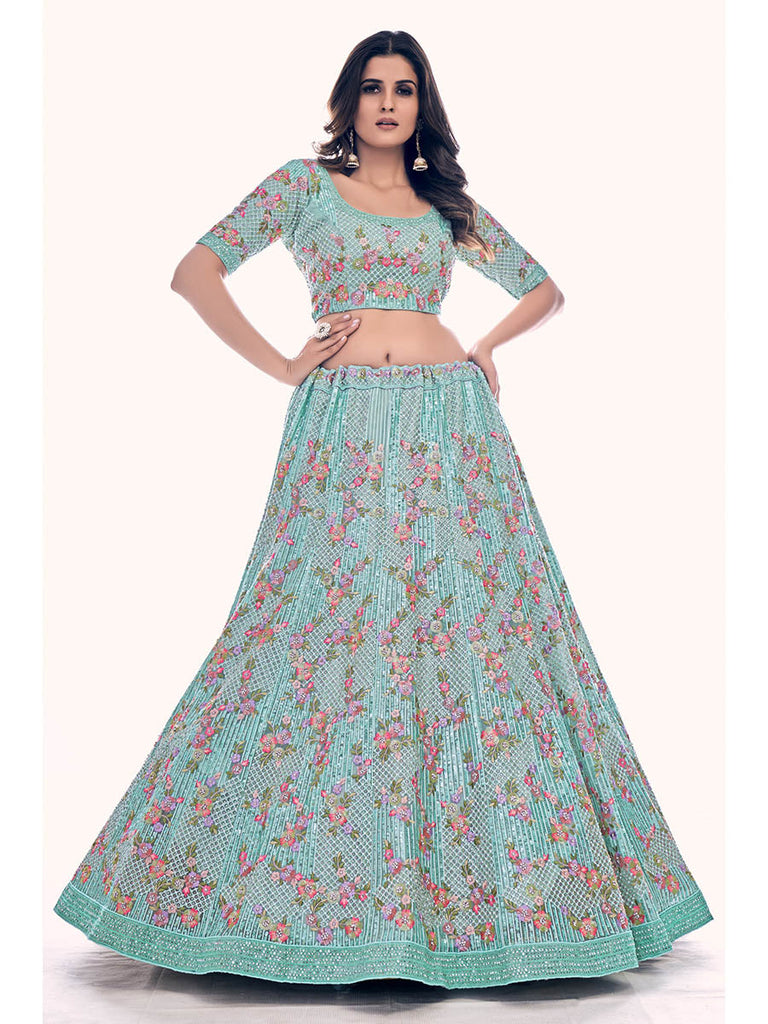 Firozi Soft Net Embroidered Designer Lehenga Choli Clothsvilla