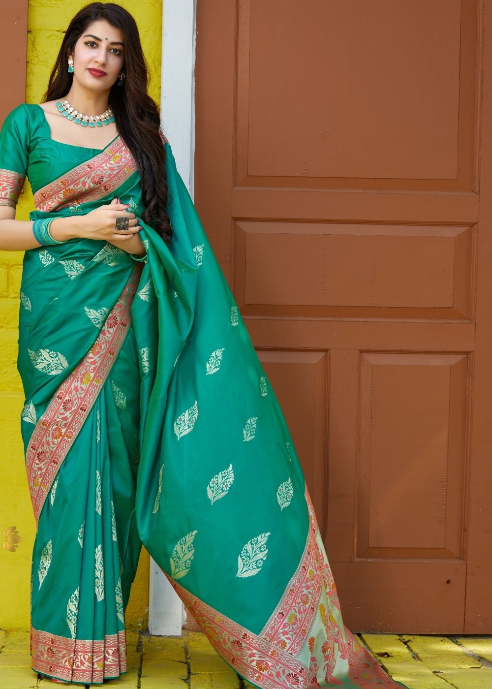 Teal Green Silk Saree with Floral Zari Border and Silver Buti Design Clothsvilla Main image