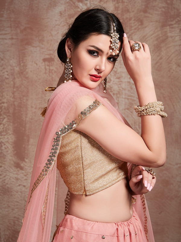Peach  Soft Net Seqins Semi Stitched Lehenga With  Unstitched Blouse Clothsvilla